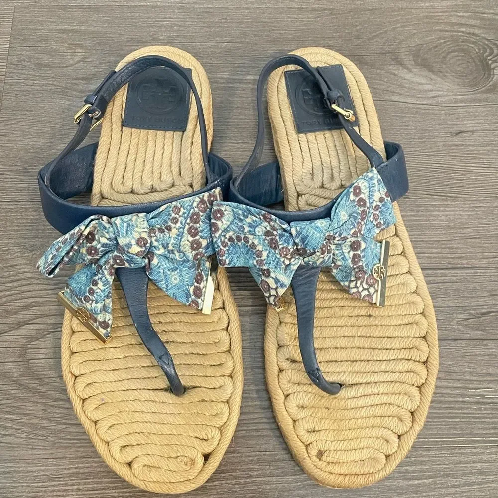 Tory Burch Penny Flat Bow Blue and Espadrilles Thong Sandals SZ 9.5